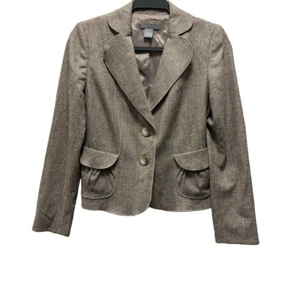Ann Taylor Womens Plaid Blazer Virgin Wool Size 0 Brown